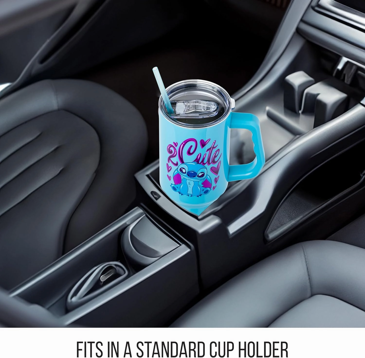 Silver Buffalo Disney Lilo and Stitch 2 Cute Kawaii Stitch Sitting Stainless Steel Tumbler with Handle and Straw, Fits in Standard Cup Holder, 40 Ounces