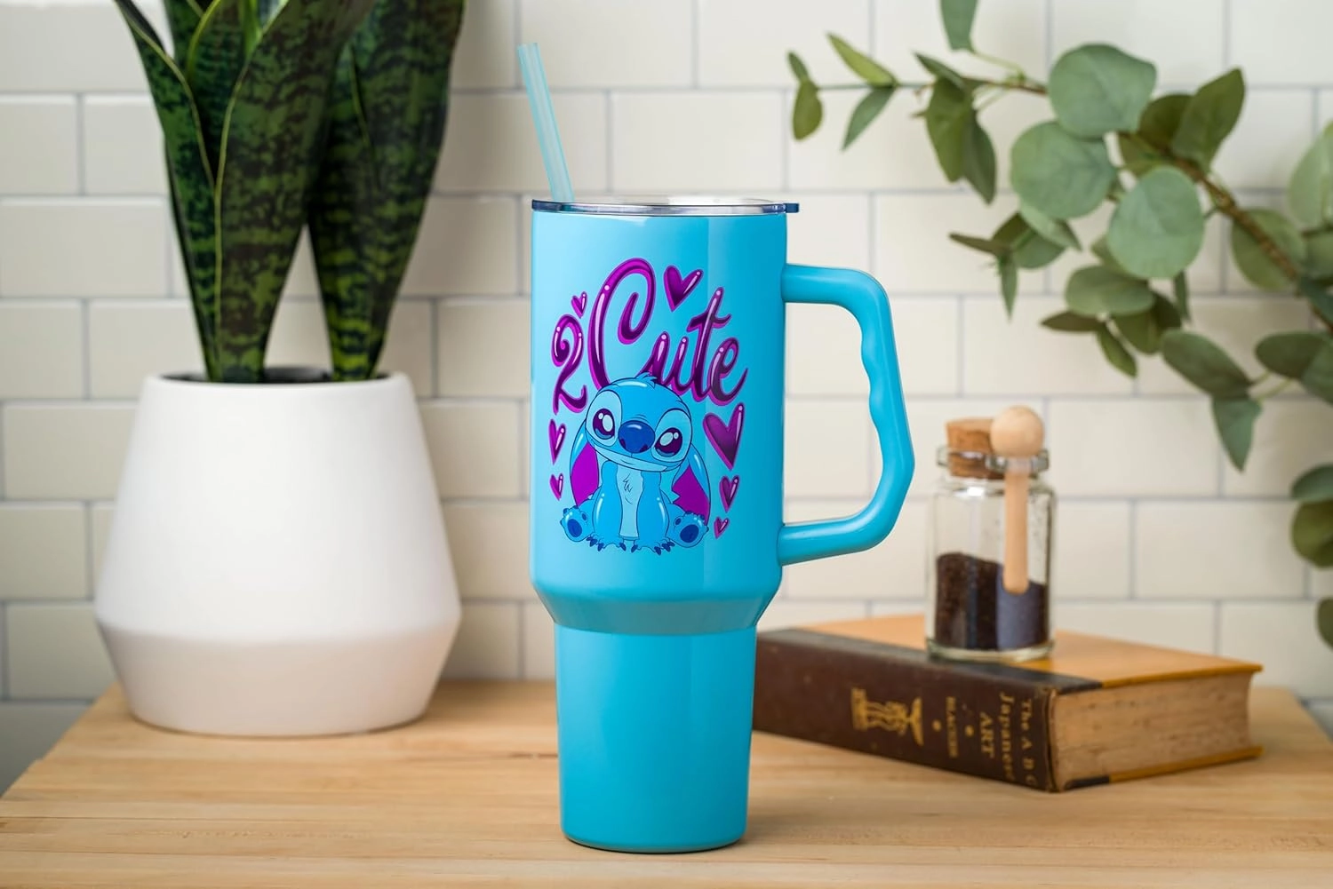 Silver Buffalo Disney Lilo and Stitch 2 Cute Kawaii Stitch Sitting Stainless Steel Tumbler with Handle and Straw, Fits in Standard Cup Holder, 40 Ounces