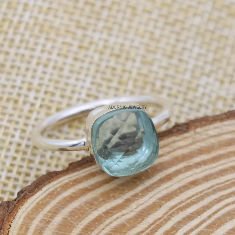 Simple Aquamarine Ring - Silver Statement Ring- Aqua Gemstone Silver Ring- Green Aquamarine Silver Ring- Wedding Silver Ring, Ring for Women