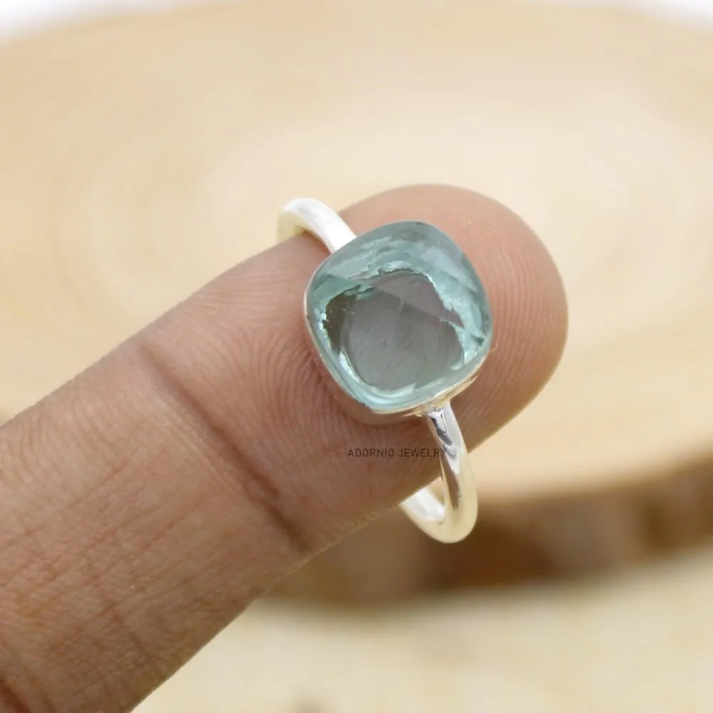 Simple Aquamarine Ring - Silver Statement Ring- Aqua Gemstone Silver Ring- Green Aquamarine Silver Ring- Wedding Silver Ring, Ring for Women