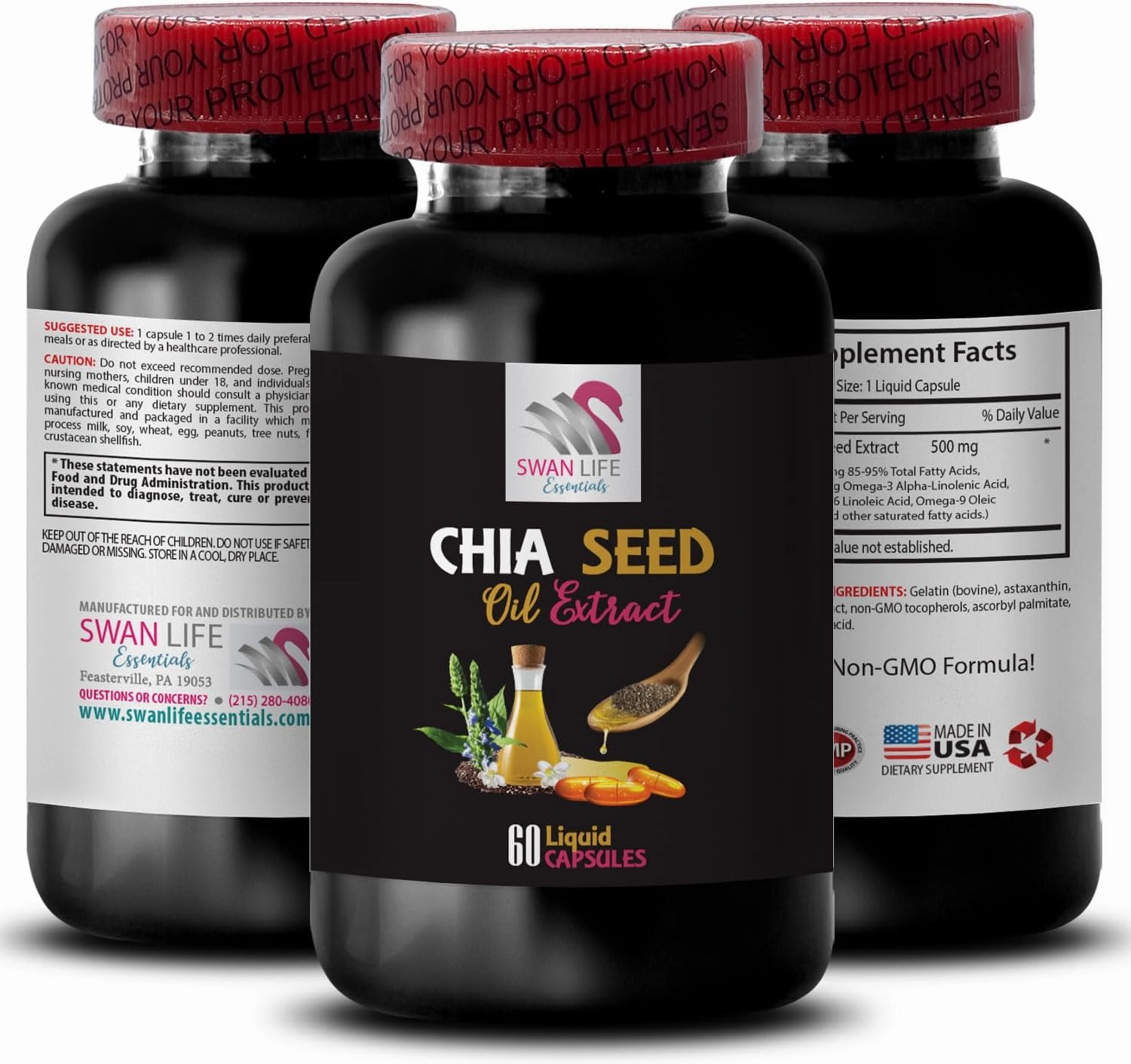 Skin care - CHIA SEED OIL EXTRACT - Glossy finish, Hair hydration, Organic oil, Lightweight texture, Glow oil, Smooth texture, Plant-based oil, Body hydration, Soft skin 1 Bottle 60 Capsules