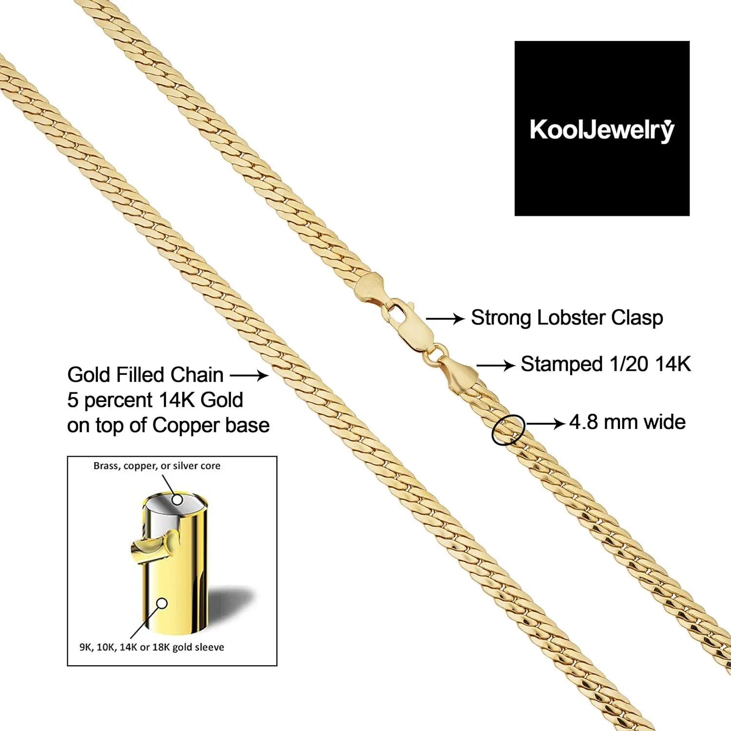 Solid 14k Yellow Gold Filled 4.8 mm Bombay Curb Chain Necklace for Men and Women (16, 18 or 20 inch)