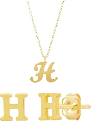 Solid Yellow Gold Initial Letter "H" Stud Earrings & Necklace Set |14k Yellow Gold Small Script 5mm Letter H Stud with 10k Gold Dainty H Script Necklace on a 16-18 inch Cable Chain by Max   Stone