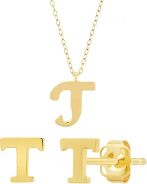 Solid Yellow Gold Initial Letter "M" Stud Earrings & Necklace Set |14k Yellow Gold Small Script 5mm Letter M Stud with 10k Gold Dainty M Script Necklace on a 16-18 inch Cable Chain by Max   Stone
