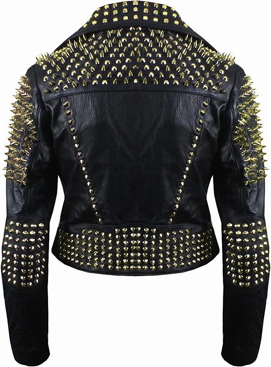 SpazeUp Women's Studded Biker Leather Jacket - Women Vintage Motorcycle Leather Jacket with Spikes