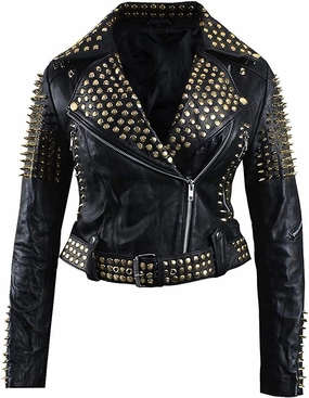 SpazeUp Women's Studded Biker Leather Jacket - Women Vintage Motorcycle Leather Jacket with Spikes