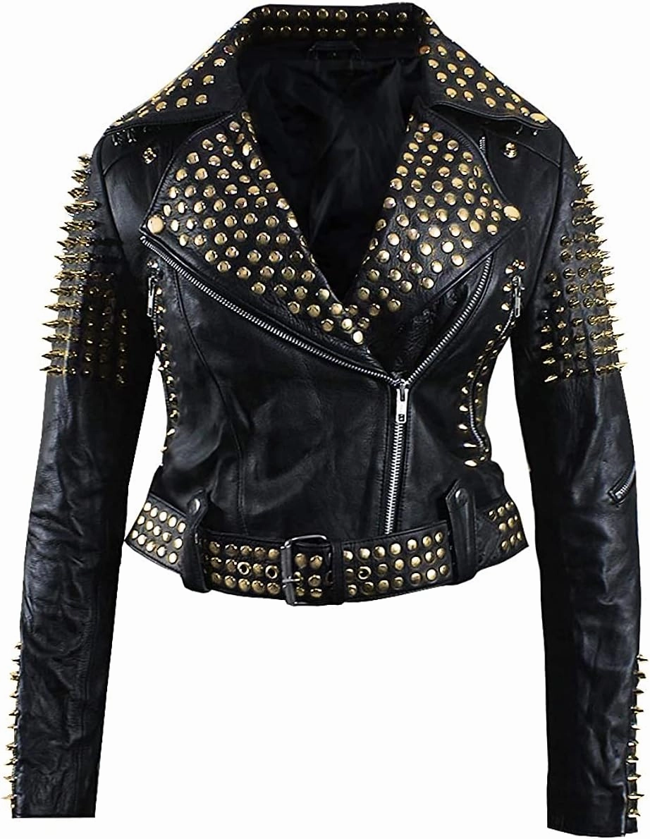 SpazeUp Women's Studded Biker Leather Jacket - Women Vintage Motorcycle Leather Jacket with Spikes