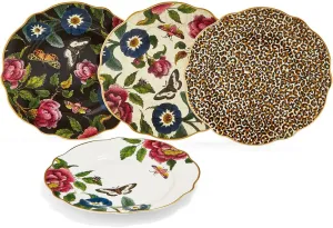 Spode Creatures of Curiosity Collection Dessert Plates Set of 4, Assorted Motifs, 7.5-inch, Fine China Cake Plate, Small Appetizer Plates, Gold Rim/Scalloped Edge Design