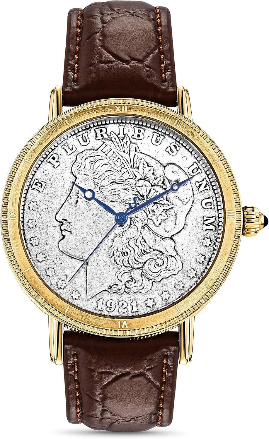 Stauer Morgan Silver Dollar Men's Watch with Swiss Movement – Stainless Steel Vintage Watch with Genuine Silver Coin and Brown Leather Band, 45mm