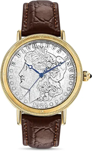 Stauer Morgan Silver Dollar Men's Watch with Swiss Movement – Stainless Steel Vintage Watch with Genuine Silver Coin and Brown Leather Band, 45mm