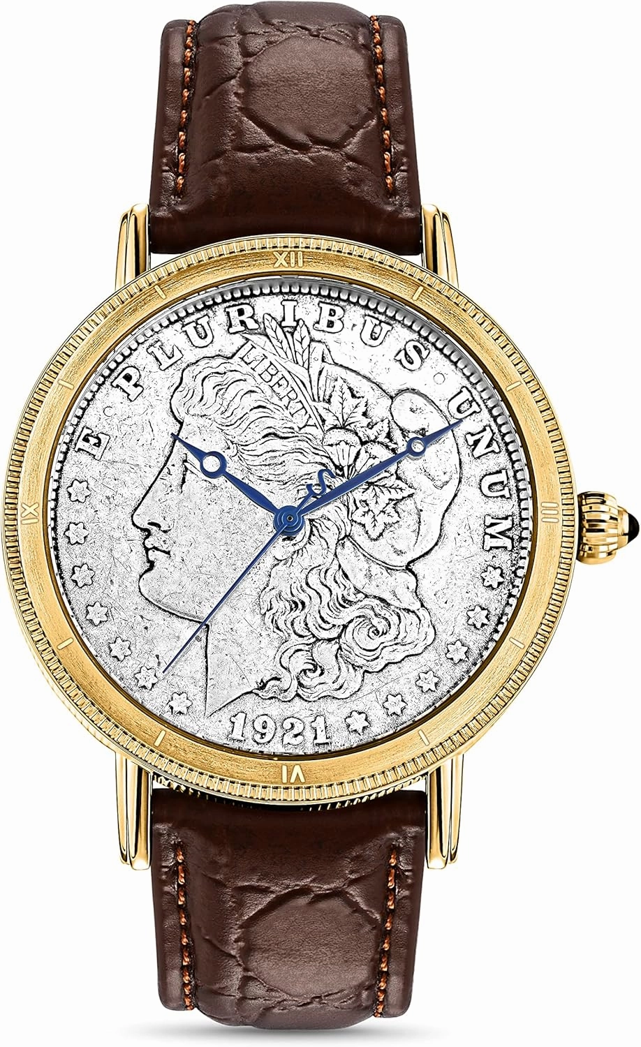 Stauer Morgan Silver Dollar Men's Watch with Swiss Movement – Stainless Steel Vintage Watch with Genuine Silver Coin and Brown Leather Band, 45mm