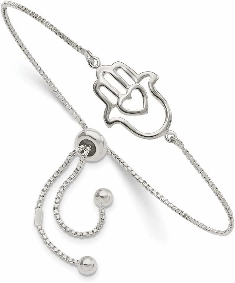 Sterling Silver Polished Heart Hamas Adjustable Bracelet Gift for Women, AFJ-QG-QG5804