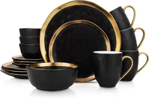 Stone Lain Florian Modern Porcelain 16 Piece Dinnerware Set, Plates and Bowls Set, Dish set for 4, Black And Golden Rim