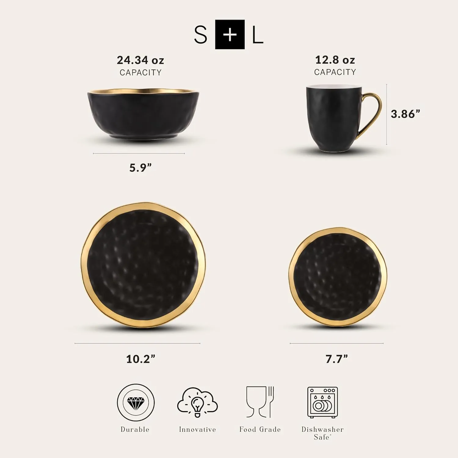 Stone Lain Florian Modern Porcelain 16 Piece Dinnerware Set, Plates and Bowls Set, Dish set for 4, Black And Golden Rim