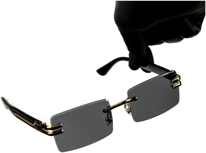 Street Knitted Stylish Square Rimless Gold Frame Stylish Dark Gray Gradient Black Tinted Shades 90s Men Women Rectangle Cool Frameless Retro Trendy Hip Hop Old School Unisex Sunglasses