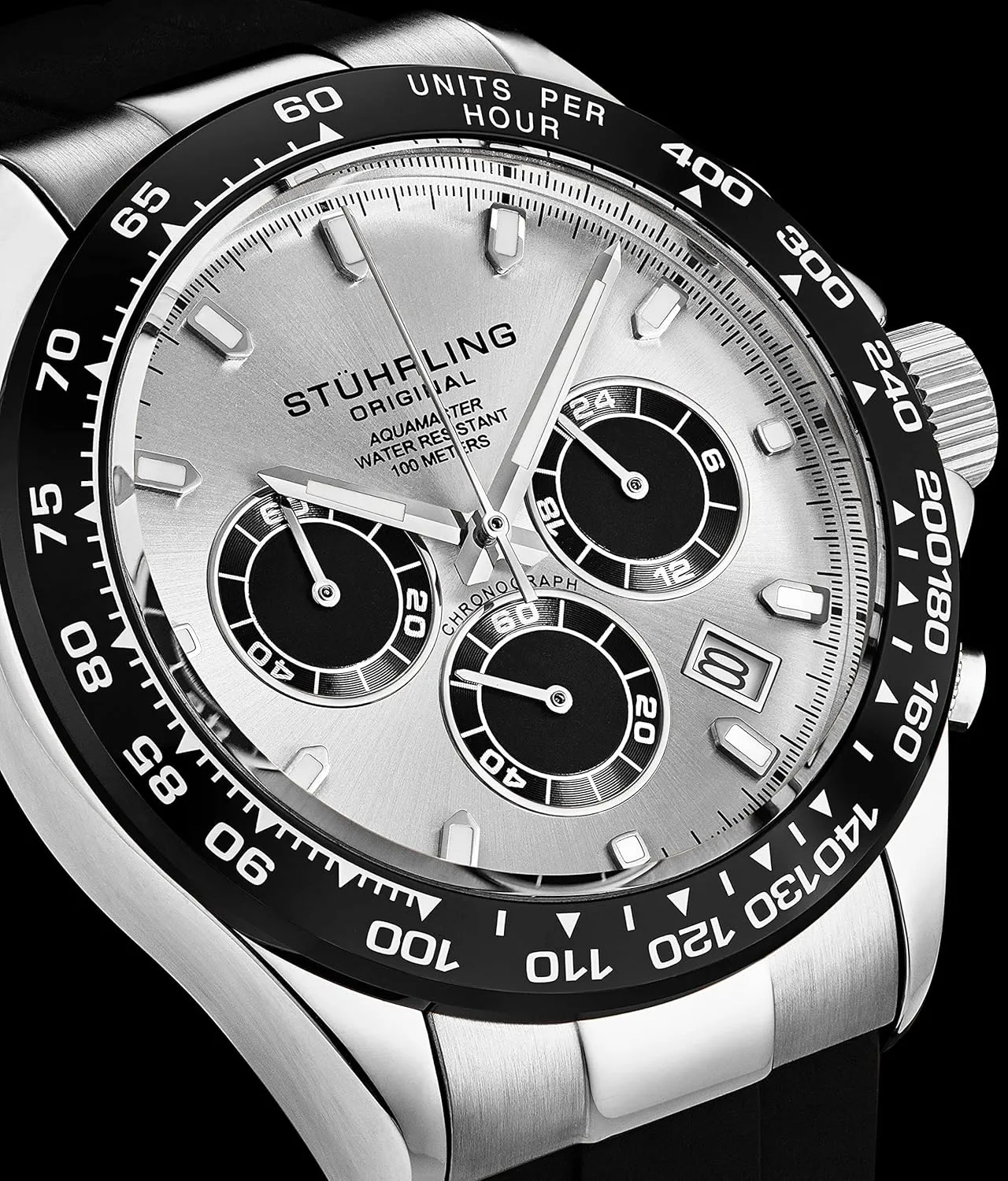 Stuhrling Aquamaster Quartz Chronograph Watch Silver Dial Screw Down Crown Luminous Hands, Ceramic Bezel, Black Rubber Band for Men 42mm Case Date Water Resistance