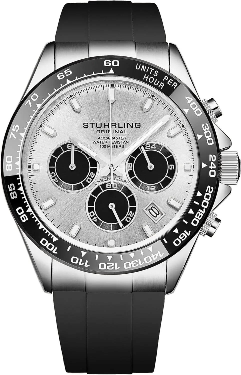 Stuhrling Aquamaster Quartz Chronograph Watch Silver Dial Screw Down Crown Luminous Hands, Ceramic Bezel, Black Rubber Band for Men 42mm Case Date Water Resistance