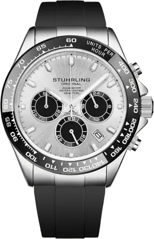 Stuhrling Aquamaster Quartz Chronograph Watch Silver Dial Screw Down Crown Luminous Hands, Ceramic Bezel, Black Rubber Band for Men 42mm Case Date Water Resistance