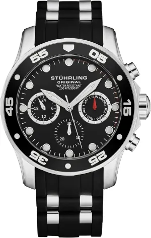 Stuhrling Men's Multi-Function Watch, 44mm Black Dial, Silver Case, Black Silicone Band