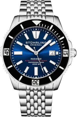 Stuhrling Original Men's Automatic Dive Watch with Swiss Movement, Silver Stainless Steel Case, Stainless Steel Beaded Bracelet