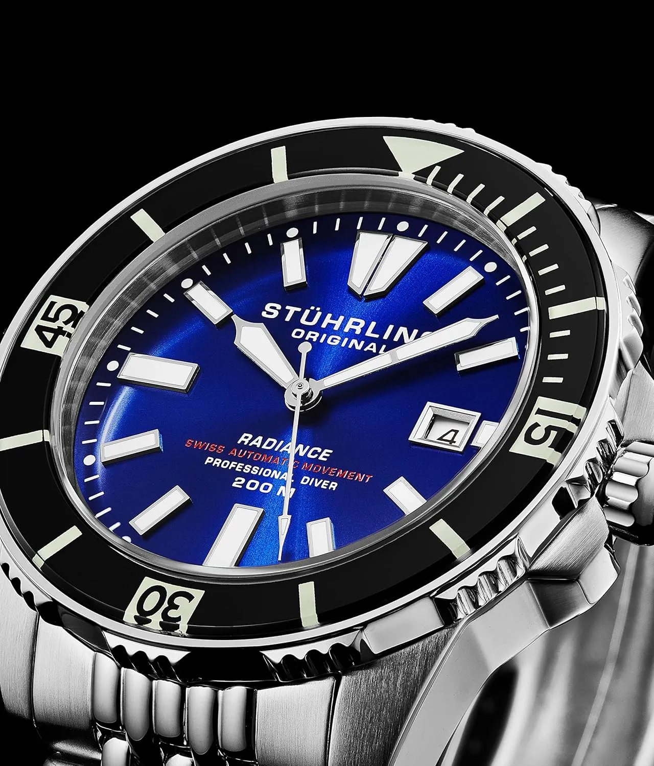 Stuhrling Original Men's Automatic Dive Watch with Swiss Movement, Silver Stainless Steel Case, Stainless Steel Beaded Bracelet