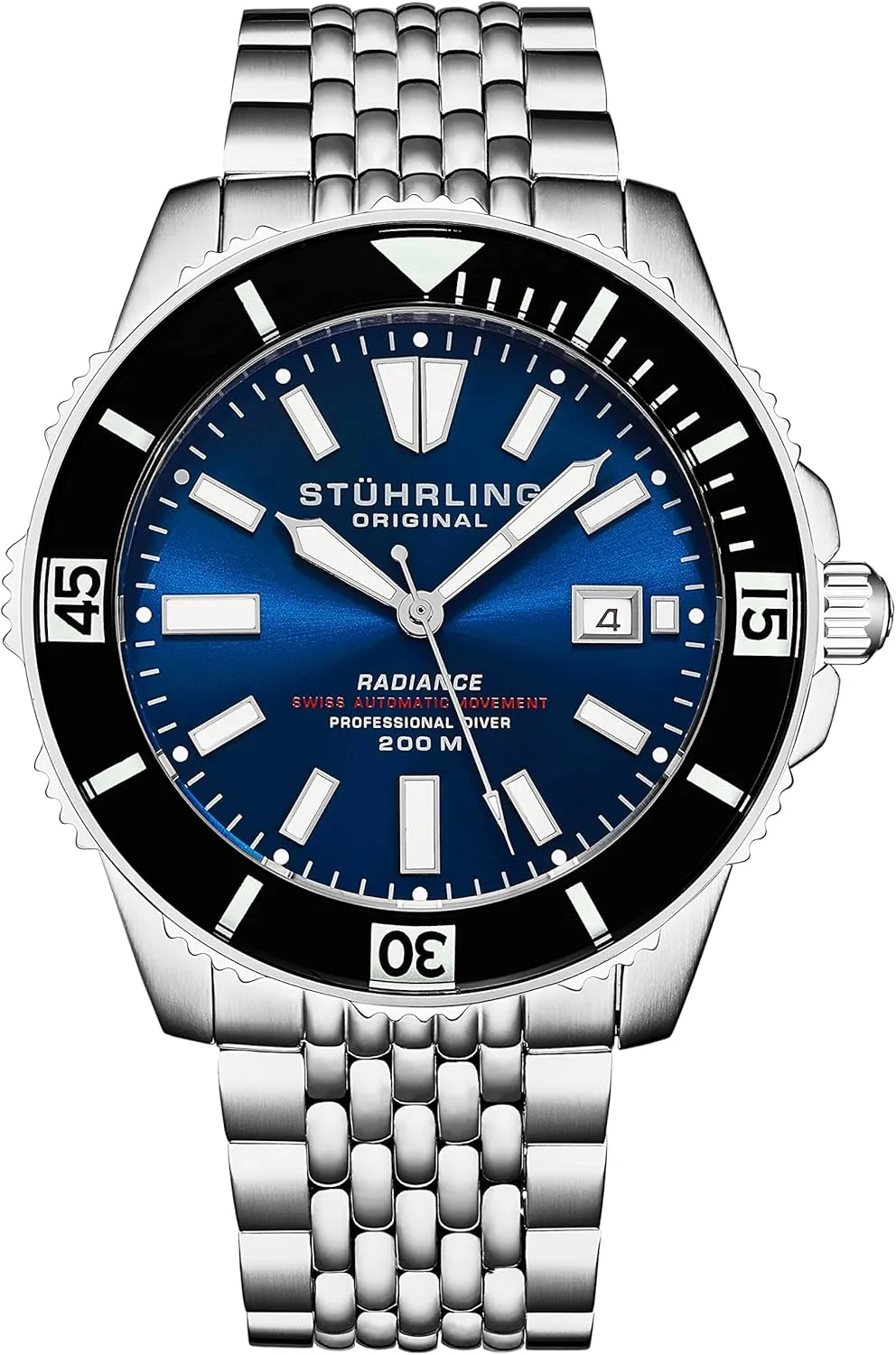 Stuhrling Original Men's Automatic Dive Watch with Swiss Movement, Silver Stainless Steel Case, Stainless Steel Beaded Bracelet