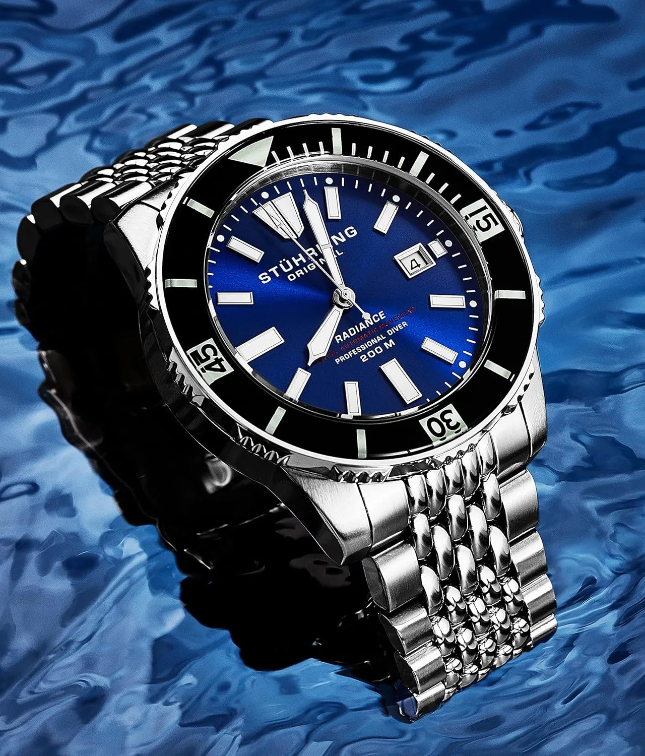 Stuhrling Original Men's Automatic Dive Watch with Swiss Movement, Silver Stainless Steel Case, Stainless Steel Beaded Bracelet