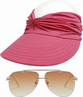 Sun Visor Hat & Oversized Aviator Sunglasses Set – Women's Foldable No Headache Sun Hat, Fashion Sunglasses