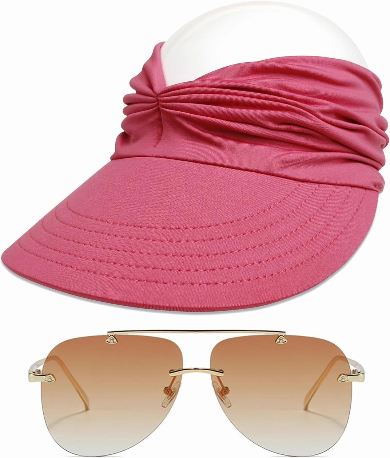 Sun Visor Hat & Oversized Aviator Sunglasses Set – Women's Foldable No Headache Sun Hat, Fashion Sunglasses