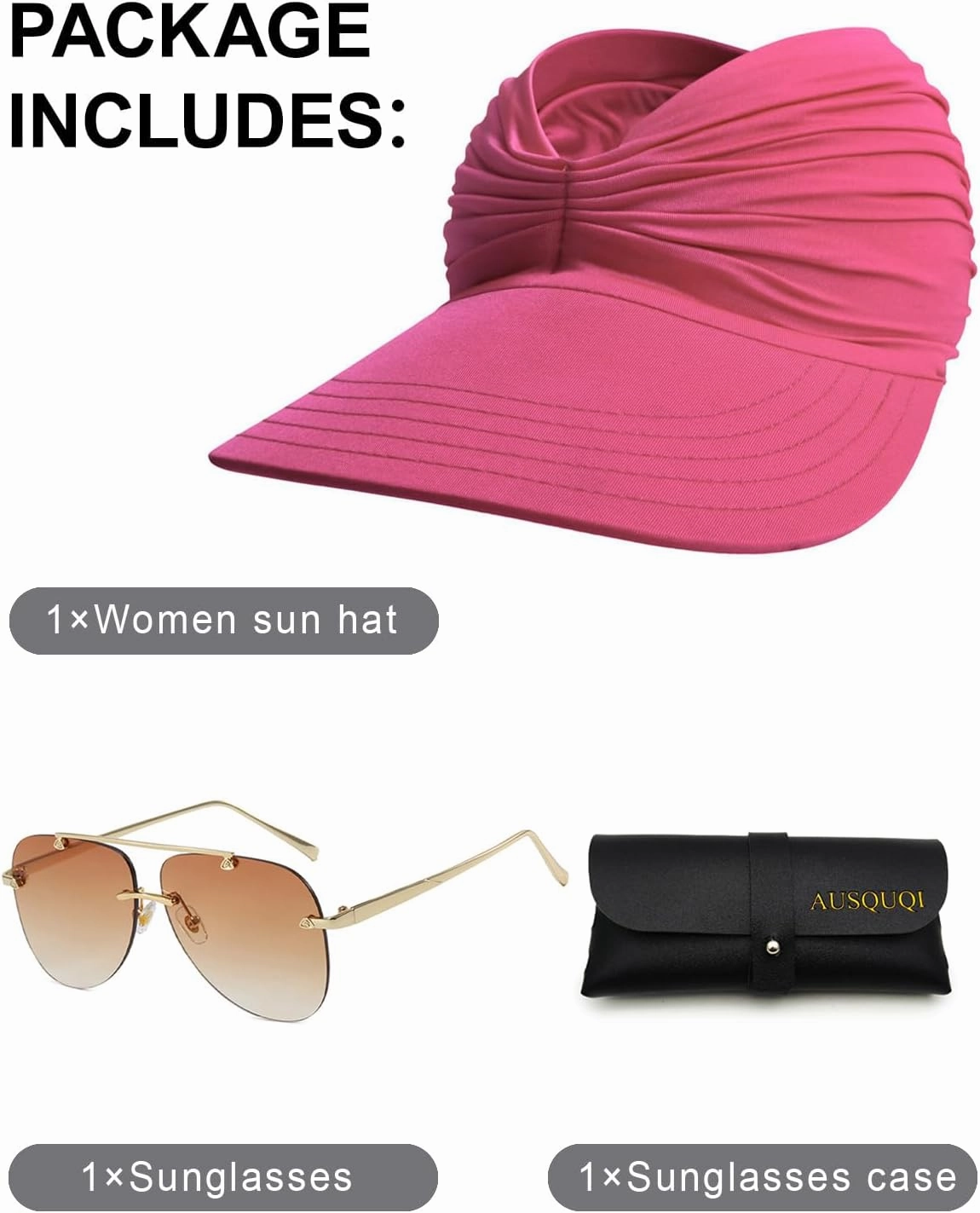 Sun Visor Hat & Oversized Aviator Sunglasses Set – Women's Foldable No Headache Sun Hat, Fashion Sunglasses
