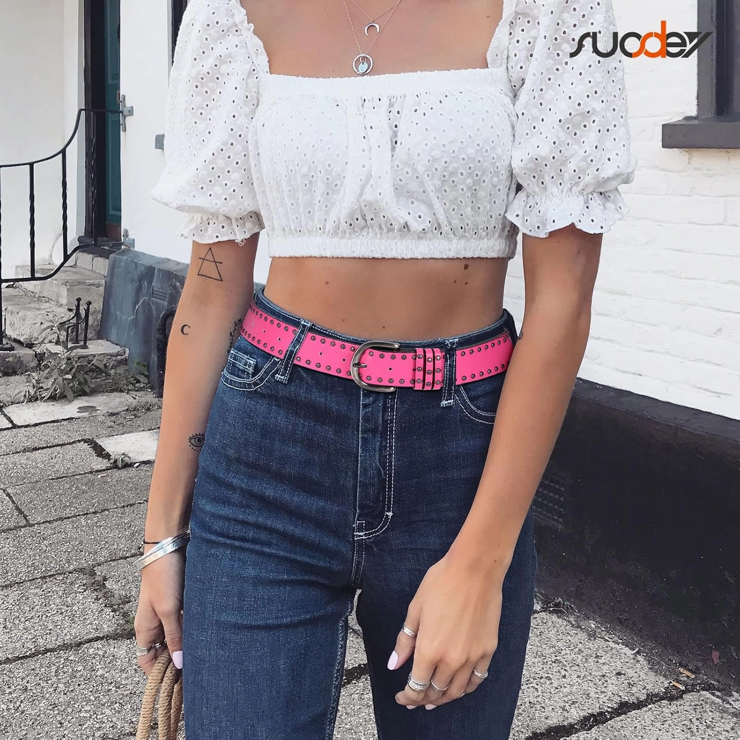 SUOSDEY Women Leather Rivets Belts for Jeans Pants Dresses Studded Leather Belts with Silver Buckle