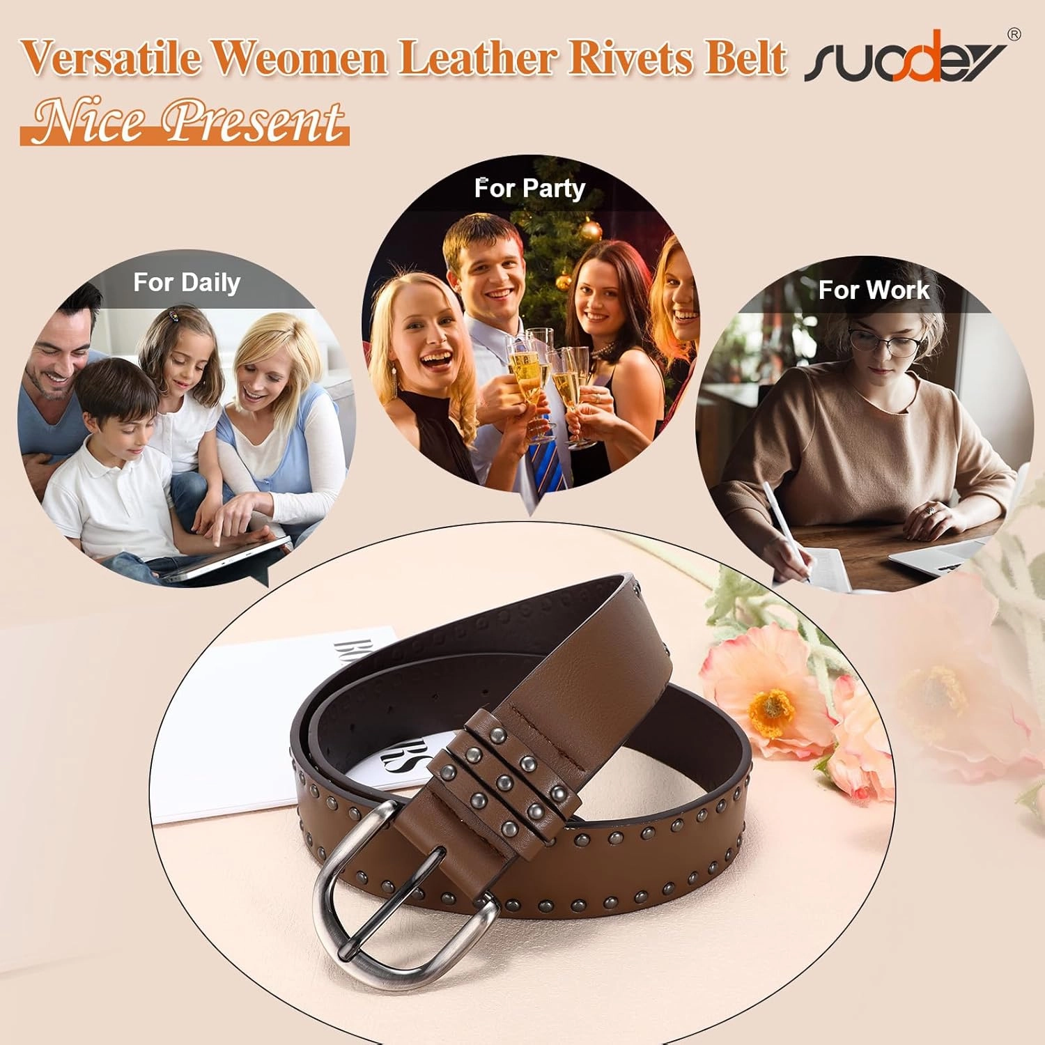 SUOSDEY Women Leather Rivets Belts for Jeans Pants Dresses Studded Leather Belts with Silver Buckle