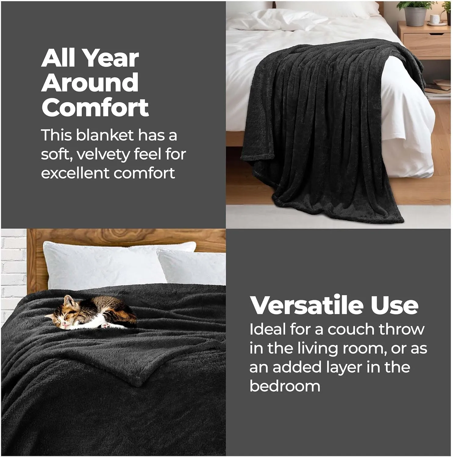 Superior Classic Solid Fleece Blanket, Thick, Cozy, Warm Blankets, Velvety Soft Plush Bedding and Sofa Throw, Cute Bedroom Decor, Fuzzy Cover, Medium Weight Comfort Essentials, Throw XL, Black