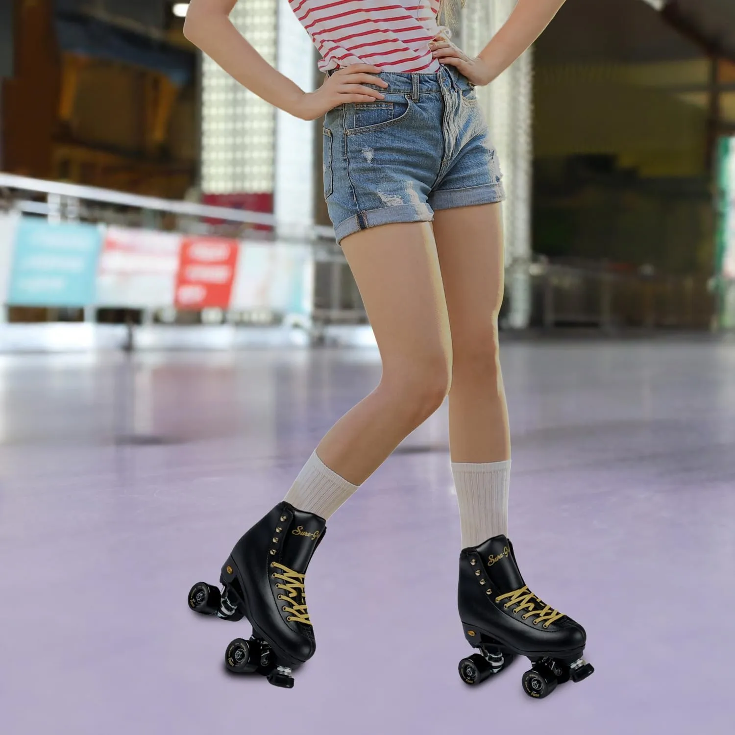 Sure-Grip Fame Black & Gold Unisex Indoor Roller Skates - Vegan Boot with Microfiber Lining - Offers Rock Nylon Plate & Aluminum Trucks - Matching 57mm Fame Black Indoor Wheels - Ideal for Beginners
