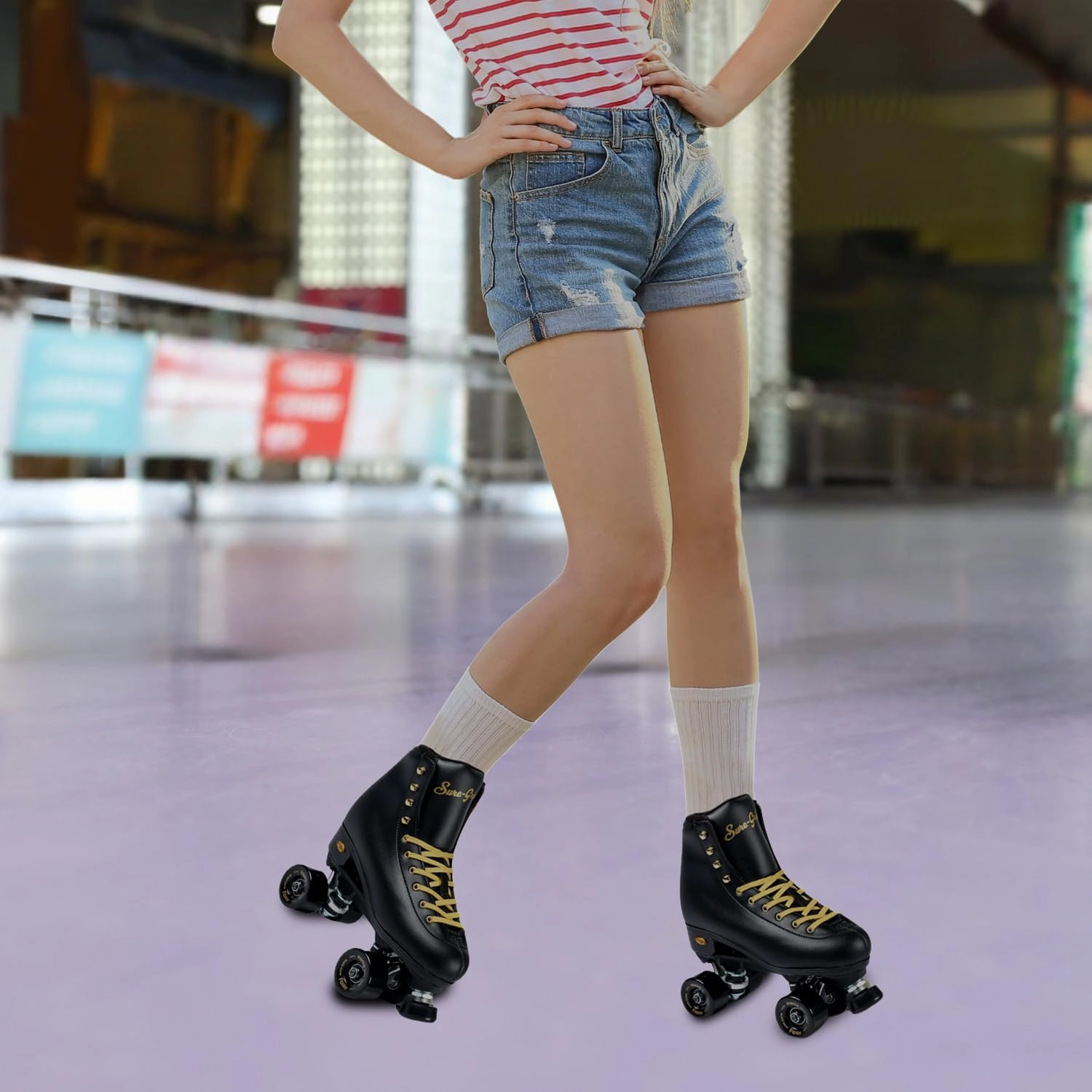 Sure-Grip Fame Black & Gold Unisex Indoor Roller Skates - Vegan Boot with Microfiber Lining - Offers Rock Nylon Plate & Aluminum Trucks - Matching 57mm Fame Black Indoor Wheels - Ideal for Beginners