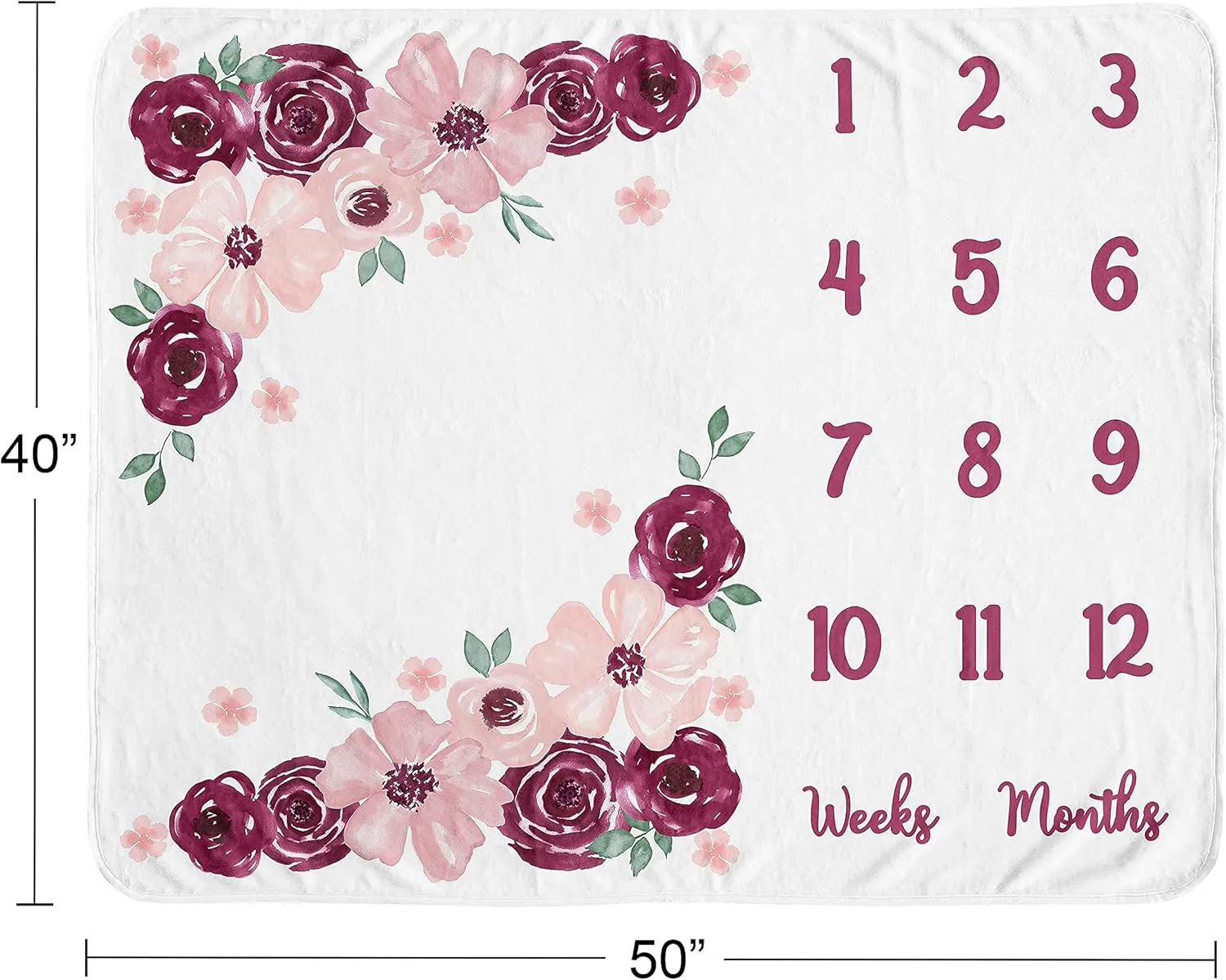 Sweet Jojo Designs Burgundy Pink Watercolor Floral Girl Milestone Blanket Monthly Newborn First Year Growth Mat Baby Shower Memory Keepsake - Blush Maroon Wine Rose Green Shabby Chic Flower Farmhouse