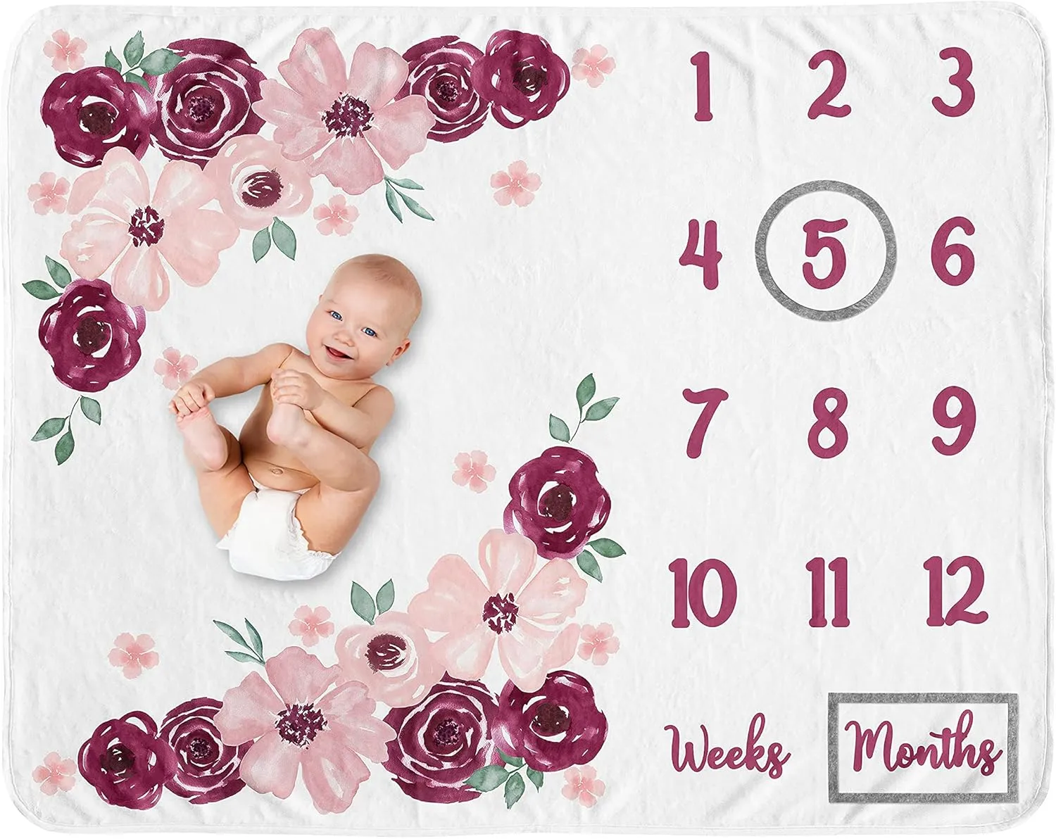 Sweet Jojo Designs Burgundy Pink Watercolor Floral Girl Milestone Blanket Monthly Newborn First Year Growth Mat Baby Shower Memory Keepsake - Blush Maroon Wine Rose Green Shabby Chic Flower Farmhouse