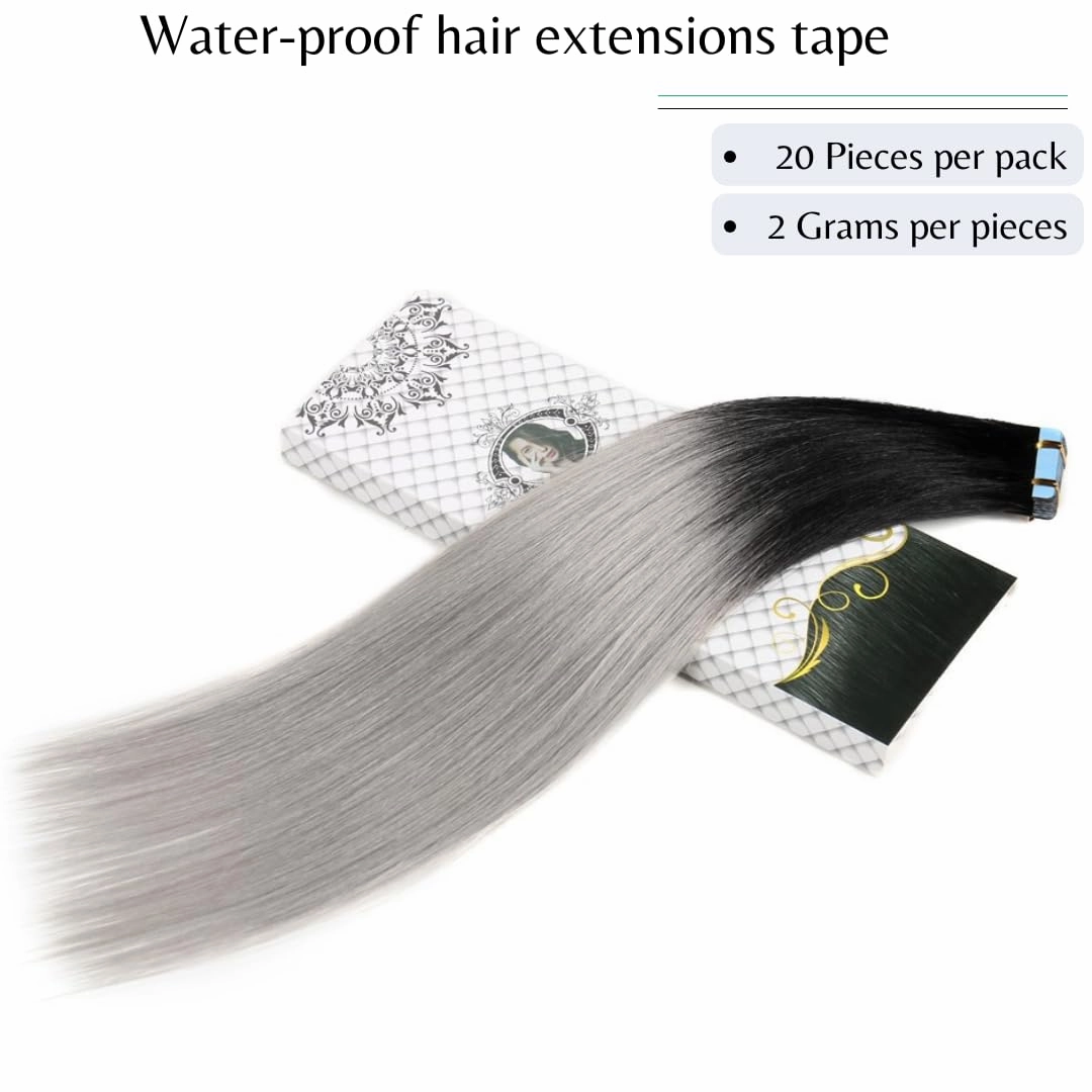 Tape in Hair Extensions, Real Natural Remy Human Hair, Seamless Straight Pu Skin Weft, 14 Inch 40 Gram 20 Pieces, Ombre Black to Silver Grey