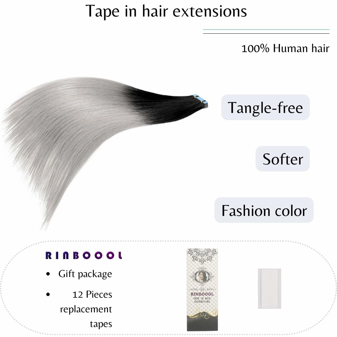Tape in Hair Extensions, Real Natural Remy Human Hair, Seamless Straight Pu Skin Weft, 14 Inch 40 Gram 20 Pieces, Ombre Black to Silver Grey