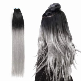 Tape in Hair Extensions, Real Natural Remy Human Hair, Seamless Straight Pu Skin Weft, 14 Inch 40 Gram 20 Pieces, Ombre Black to Silver Grey