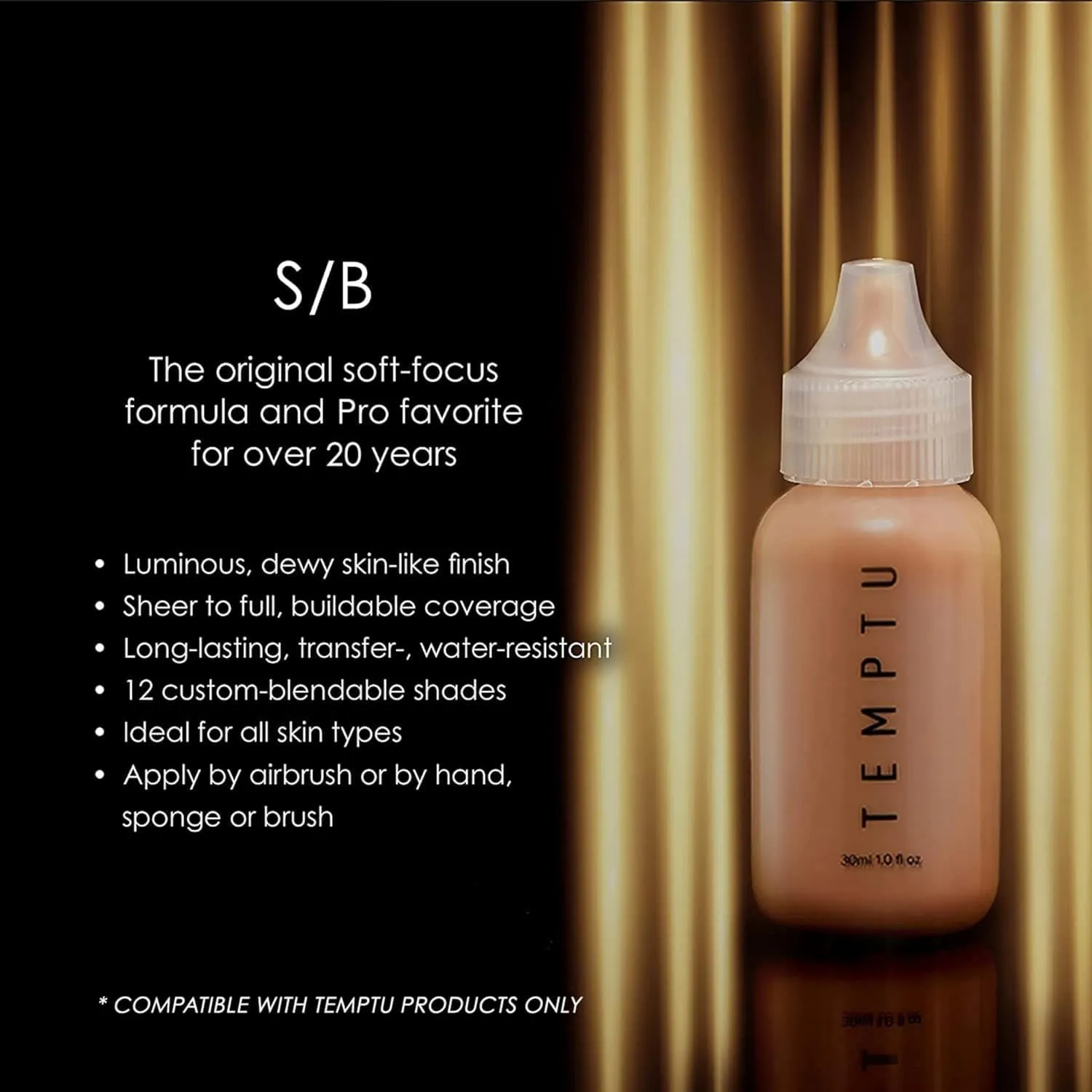 TEMPTU S/B Silicone-Based Airbrush Foundation: Professional Long-Wear Liquid Makeup, Sheer To Full Coverage For A Hydrated, Healthy-Looking Glow & Luminous, Dewy Finish On All Skin Types, 009 Natural Mocha, 1 Fl Oz