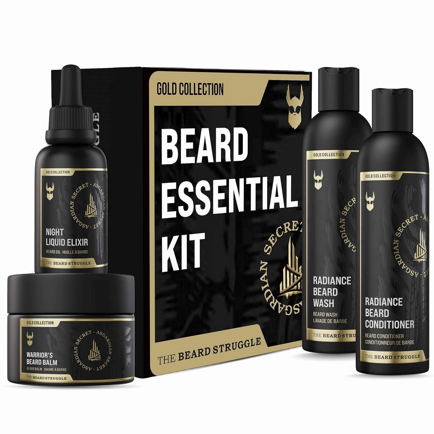 The Beard Struggle Men’s Beard Grooming Kit Includes Balm, Oil, Wash & Conditioner – Gold Collection, Asgardian Secret (8.11 fl oz)