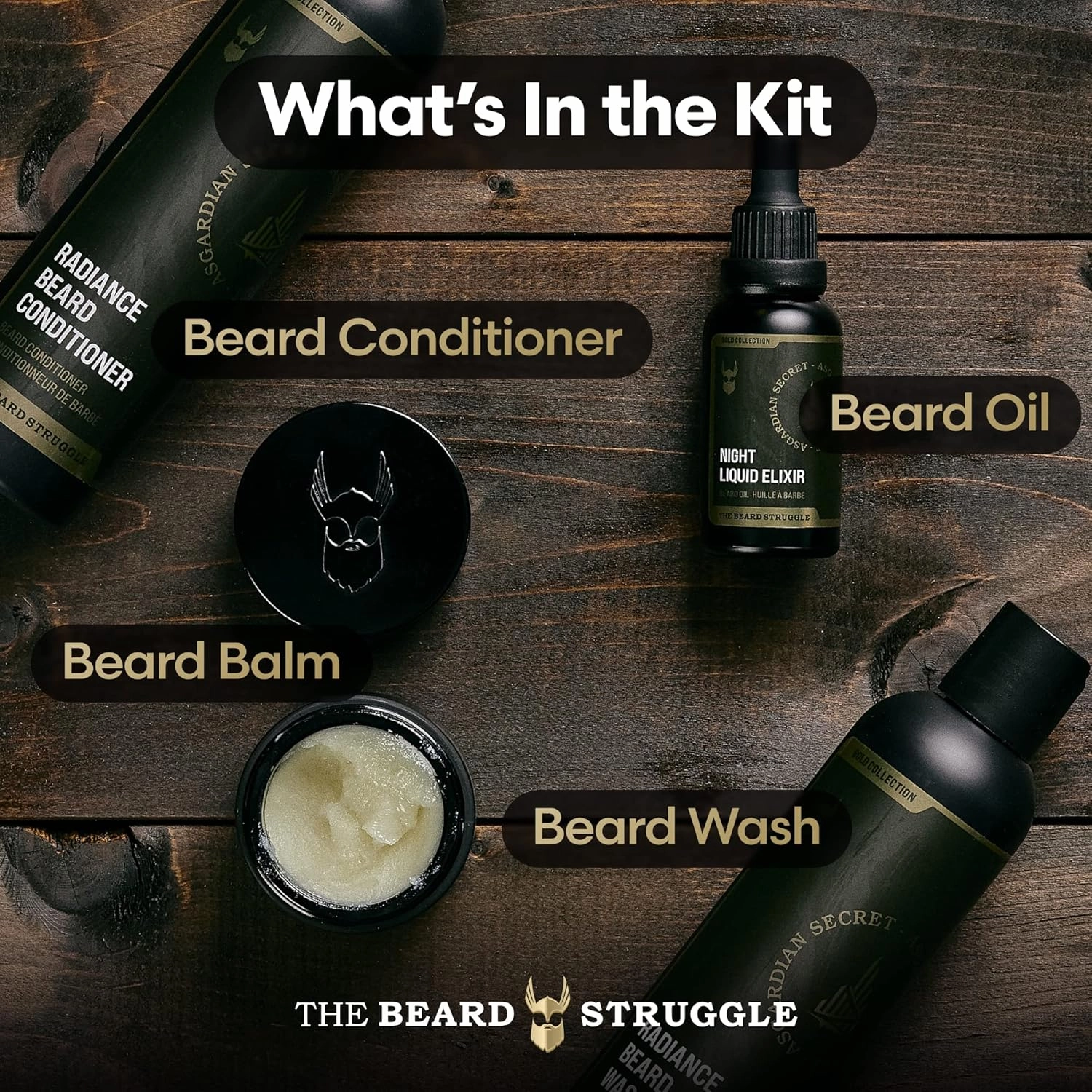 The Beard Struggle Men’s Beard Grooming Kit Includes Balm, Oil, Wash & Conditioner – Gold Collection, Asgardian Secret (8.11 fl oz)