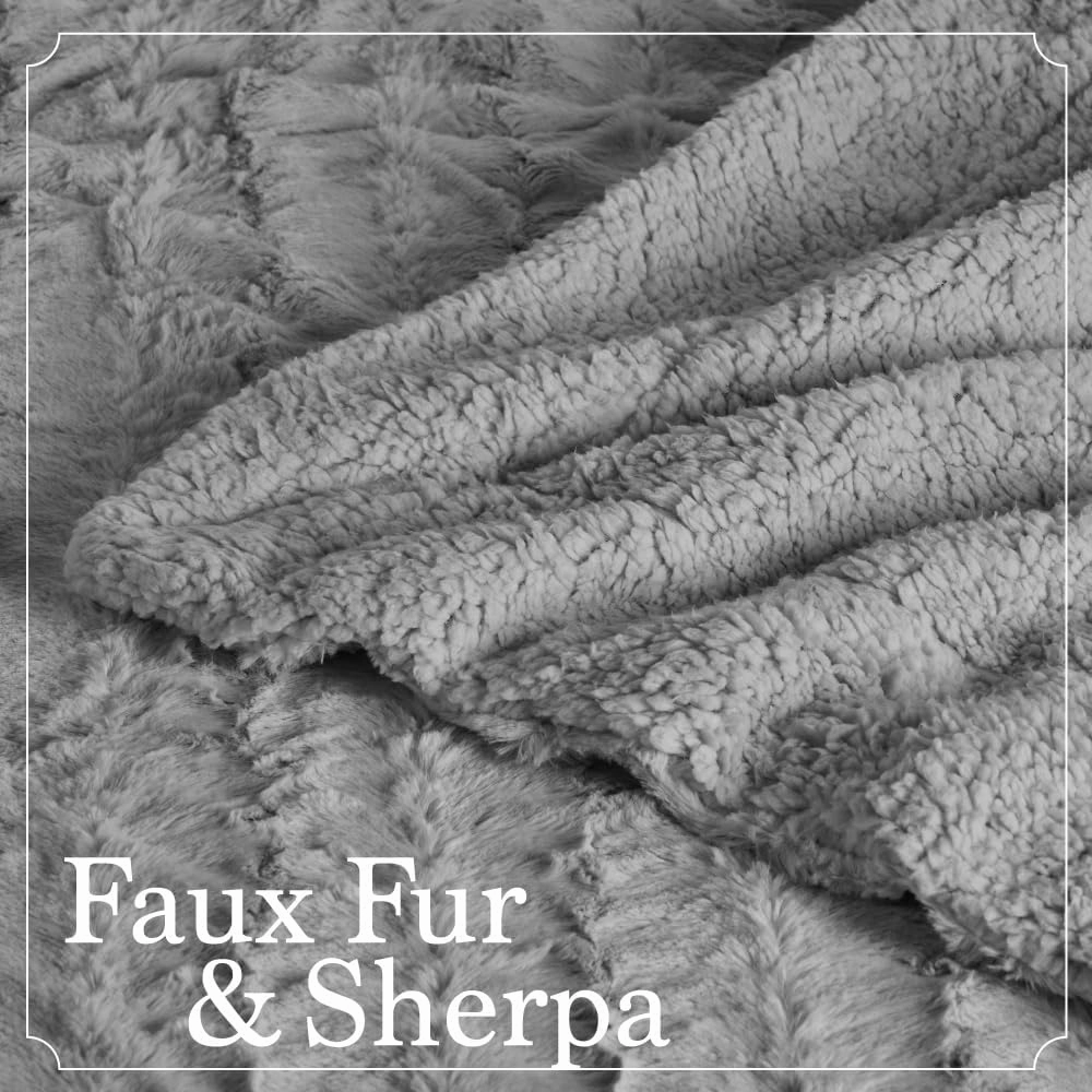 The Connecticut Home Co Throw Blanket for Couch, Soft Fluffy Room Decor, Cozy Warm Throws for Bed, Couches, Gifts for Women, Bedroom Cute Aesthetic Blankets Faux Fur and Sherpa, 65x50, Silver