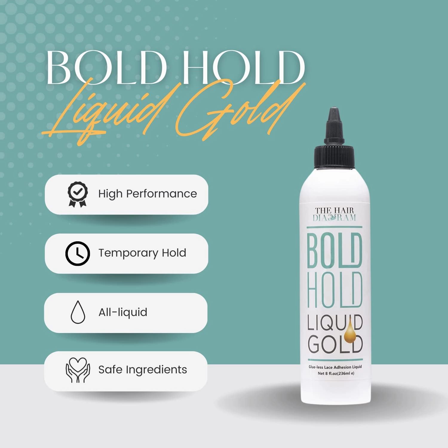 The Hair Diagram - Bold Hold Liquid Gold - Glueless Lace Gel - Temporary Hold for Wigs and Hair Systems - Styling Agent for Baby Hairs - Non Toxic - Aerosol & Alcohol Free - Water Based Formula - 8oz