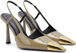THESHY Womens Slingback High Heels Metal Pointed Toe Leather High Stiletto Heel Pumps Slip on Elastic Strap Fashion Dress Shoes for Women