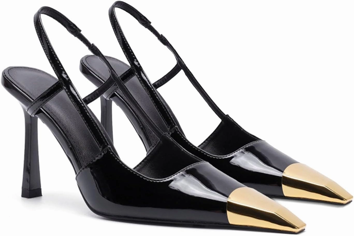 THESHY Womens Slingback High Heels Metal Pointed Toe Leather High Stiletto Heel Pumps Slip on Elastic Strap Fashion Dress Shoes for Women