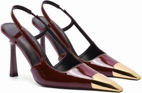 THESHY Womens Slingback High Heels Metal Pointed Toe Leather High Stiletto Heel Pumps Slip on Elastic Strap Fashion Dress Shoes for Women