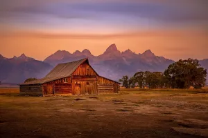Thomas Alma Moulton Barn Grand Teton National Park Wall Art - Rustic Wooden Barn & Majestic Mountain Landscape, Vintage Canvas Print for Living Room, Bedroom, Office, Farmhouse & Country Decor