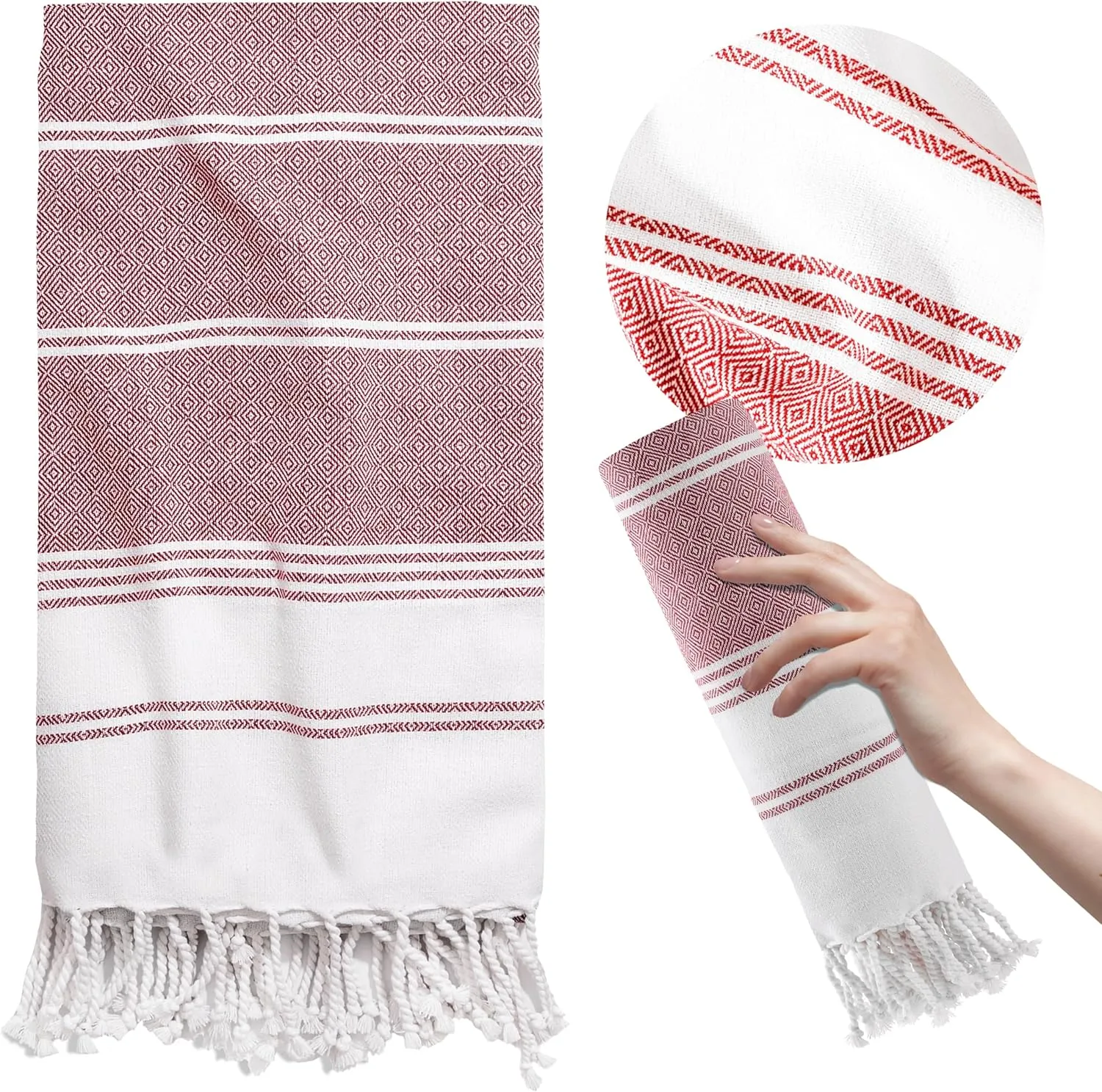 THREAD SPREAD Diamond Turkish Beach Towels 2 Pack - 100% Cotton Quick Dry Lightweight & Absorbent, Extra Large Turkish Bath Towels for Travel, Sand Free Oversized Pool Beach Towel (Red, 39" x 71")